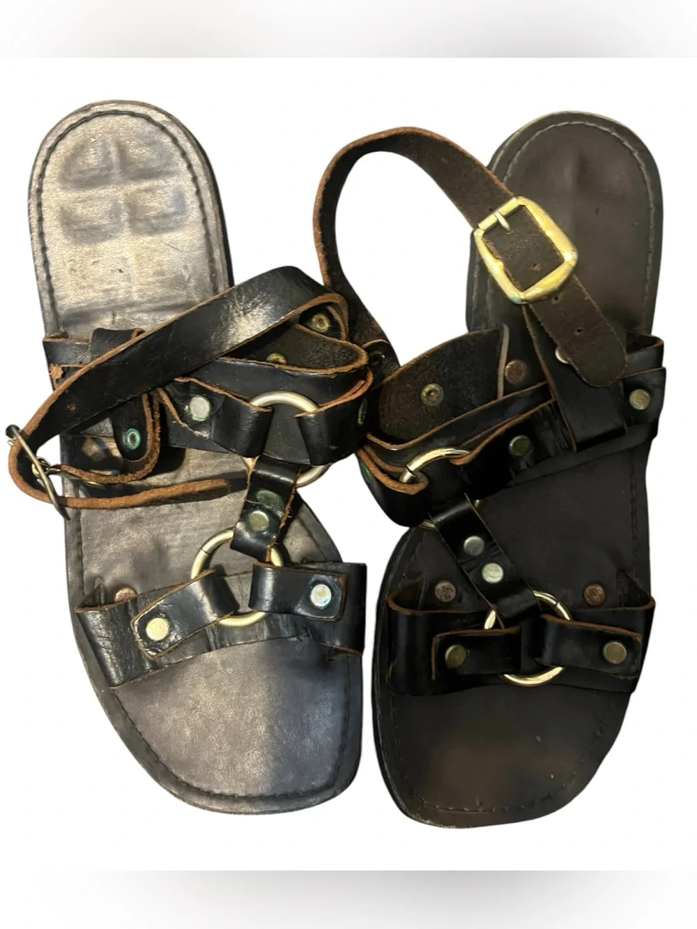 Classic Black Leather Men's Sandals with Brass Accents